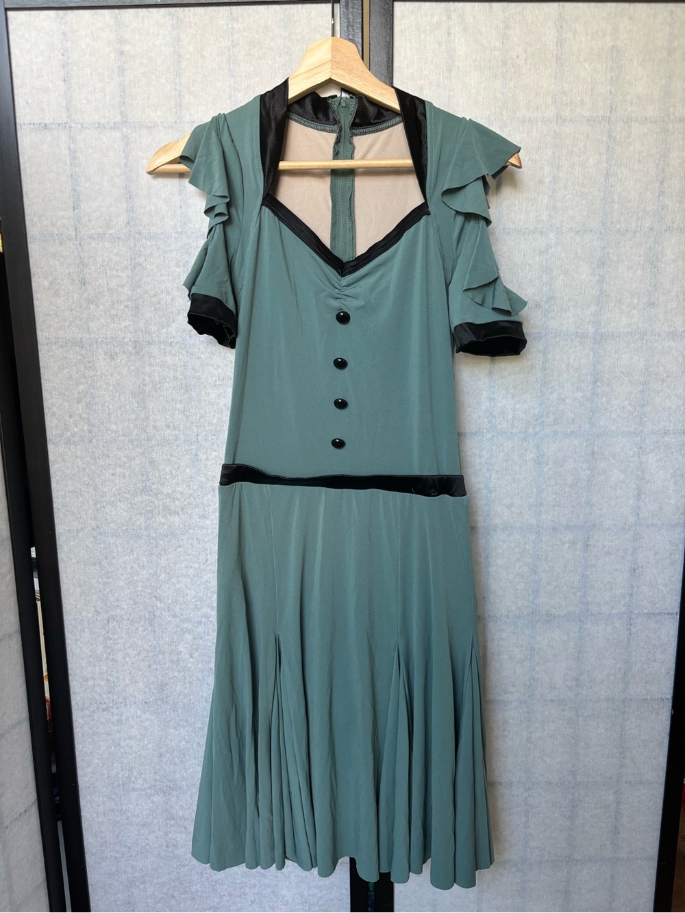 Dance costume Vintage-Inspired Sage Green Short Sleeve Dress with Black Trim